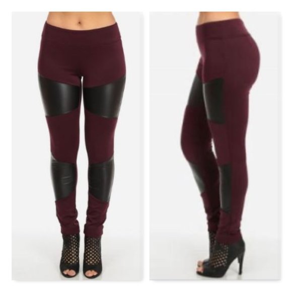 NWT Dazz Burgundy Leggings With Faux Leather Panel - Picture 1 of 9